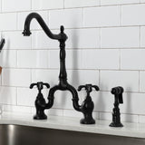 French Country KS7750TXBS Two-Handle 3-Hole Deck Mount Bridge Kitchen Faucet with Brass Sprayer, Matte Black