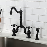 French Country KS7750TXBS Two-Handle 3-Hole Deck Mount Bridge Kitchen Faucet with Brass Sprayer, Matte Black