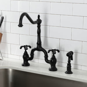 French Country KS7750TXBS Two-Handle 3-Hole Deck Mount Bridge Kitchen Faucet with Brass Sprayer, Matte Black