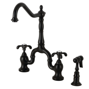 French Country KS7750TXBS Two-Handle 3-Hole Deck Mount Bridge Kitchen Faucet with Brass Sprayer, Matte Black