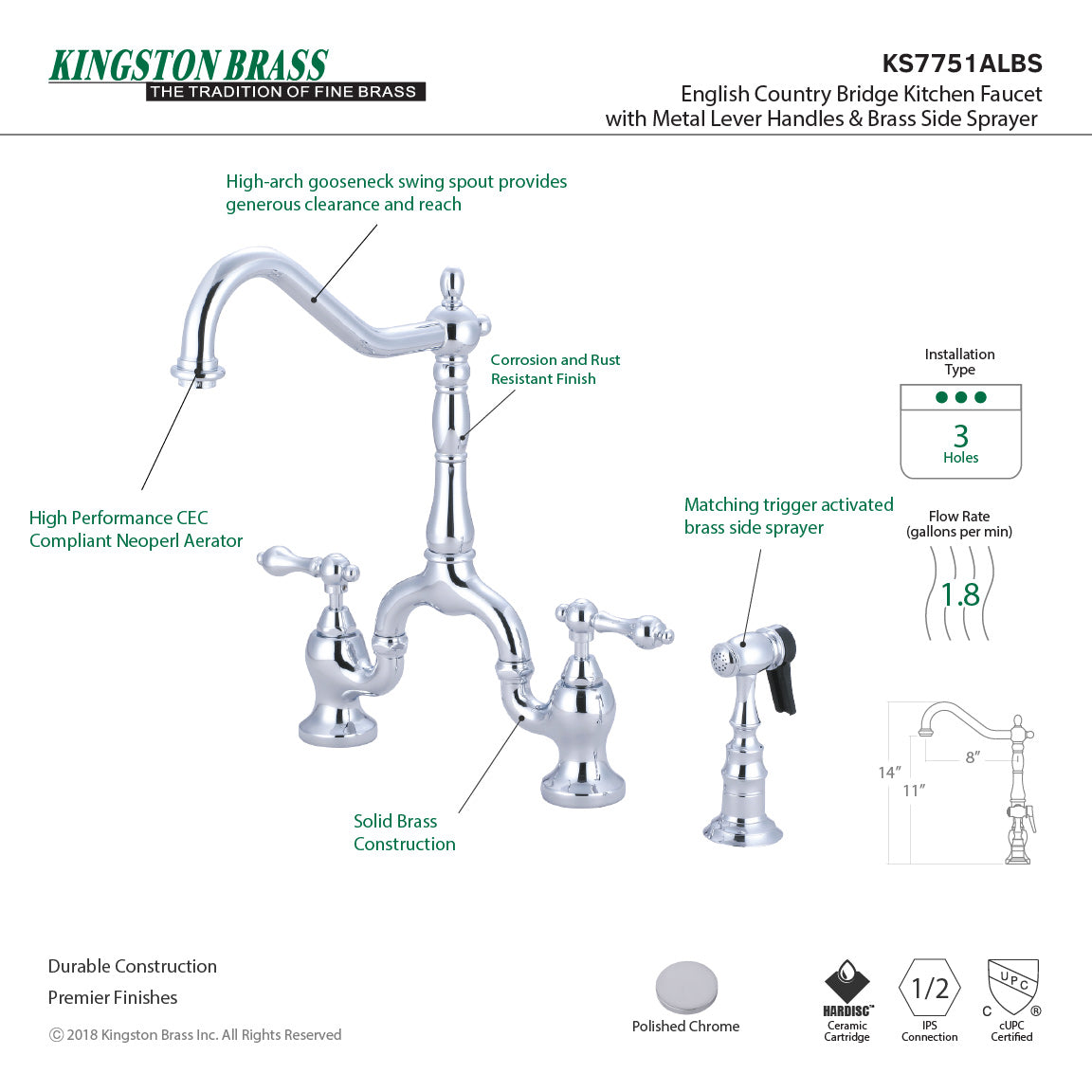 English Country KS7751ALBS Two-Handle 3-Hole Deck Mount Bridge Kitchen Faucet with Brass Sprayer, Polished Chrome