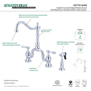 English Country KS7751ALBS Two-Handle 3-Hole Deck Mount Bridge Kitchen Faucet with Brass Sprayer, Polished Chrome