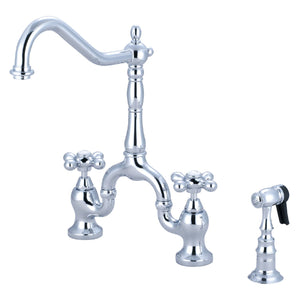English Country KS7751AXBS Two-Handle 3-Hole Deck Mount Bridge Kitchen Faucet with Brass Sprayer, Polished Chrome