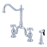 French Country KS7751TXBS Two-Handle 3-Hole Deck Mount Bridge Kitchen Faucet with Brass Sprayer, Polished Chrome