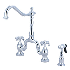 French Country KS7751TXBS Two-Handle 3-Hole Deck Mount Bridge Kitchen Faucet with Brass Sprayer, Polished Chrome