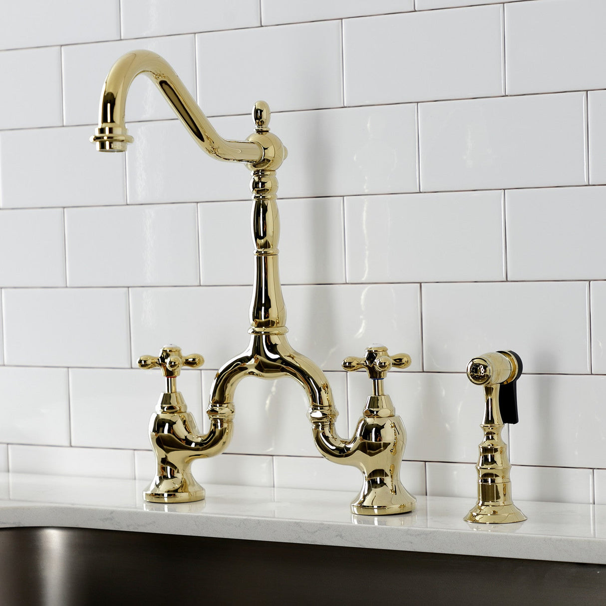 English Country KS7752AXBS Two-Handle 3-Hole Deck Mount Bridge Kitchen Faucet with Brass Sprayer, Polished Brass