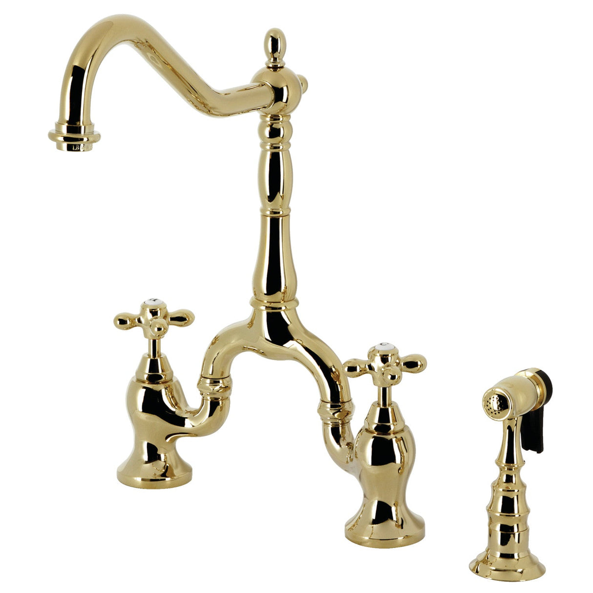 English Country KS7752AXBS Two-Handle 3-Hole Deck Mount Bridge Kitchen Faucet with Brass Sprayer, Polished Brass