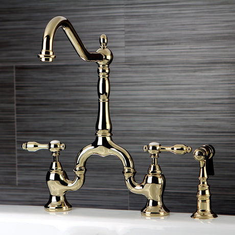 Tudor KS7752TALBS Two-Handle 3-Hole Deck Mount Bridge Kitchen Faucet with Brass Sprayer, Polished Brass