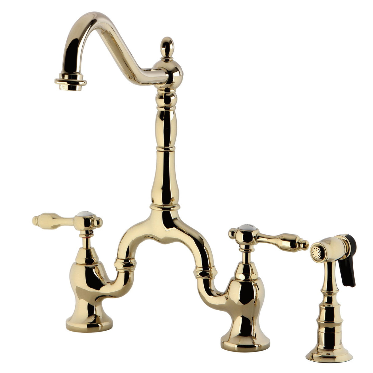 Tudor KS7752TALBS Two-Handle 3-Hole Deck Mount Bridge Kitchen Faucet with Brass Sprayer, Polished Brass