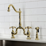 French Country KS7752TXBS Two-Handle 3-Hole Deck Mount Bridge Kitchen Faucet with Brass Sprayer, Polished Brass