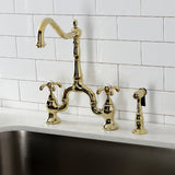 French Country KS7752TXBS Two-Handle 3-Hole Deck Mount Bridge Kitchen Faucet with Brass Sprayer, Polished Brass