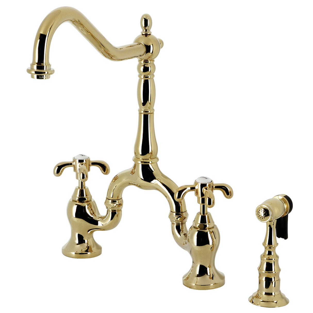 French Country KS7752TXBS Two-Handle 3-Hole Deck Mount Bridge Kitchen Faucet with Brass Sprayer, Polished Brass