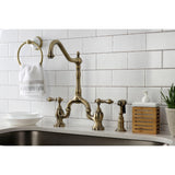 English Country KS7753ALBS Two-Handle 3-Hole Deck Mount Bridge Kitchen Faucet with Brass Sprayer, Antique Brass