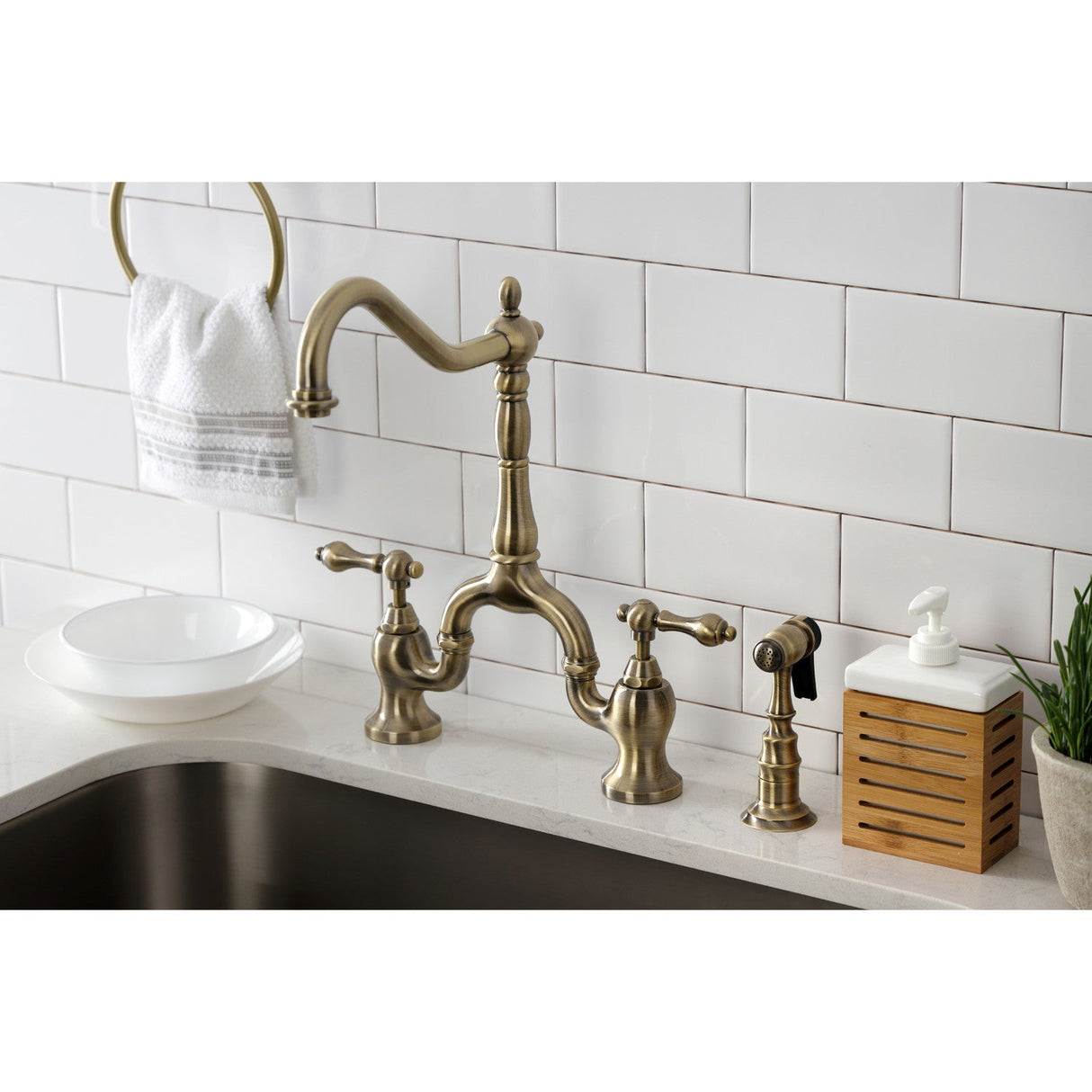 English Country KS7753ALBS Two-Handle 3-Hole Deck Mount Bridge Kitchen Faucet with Brass Sprayer, Antique Brass