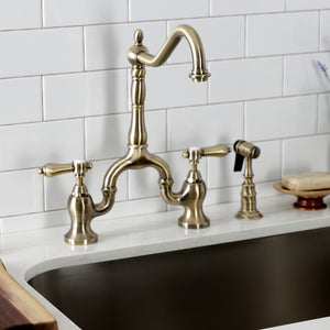 Heirloom KS7753BALBS Two-Handle 3-Hole Deck Mount Bridge Kitchen Faucet with Brass Sprayer, Antique Brass