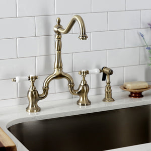 Bel-Air KS7753BPLBS Two-Handle 3-Hole Deck Mount Bridge Kitchen Faucet with Brass Sprayer, Antique Brass