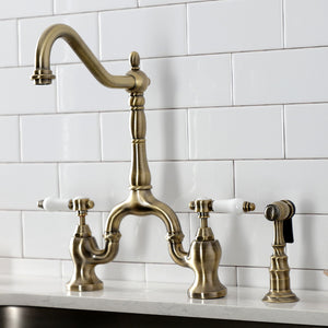 Bel-Air KS7753BPLBS Two-Handle 3-Hole Deck Mount Bridge Kitchen Faucet with Brass Sprayer, Antique Brass