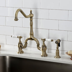 Bel-Air KS7753BPLBS Two-Handle 3-Hole Deck Mount Bridge Kitchen Faucet with Brass Sprayer, Antique Brass