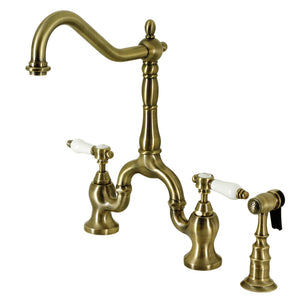Bel-Air KS7753BPLBS Two-Handle 3-Hole Deck Mount Bridge Kitchen Faucet with Brass Sprayer, Antique Brass