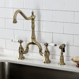 English Country KS7753PLBS Two-Handle 3-Hole Deck Mount Bridge Kitchen Faucet with Brass Sprayer, Antique Brass