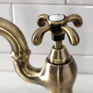 French Country KS7753TXBS Two-Handle 3-Hole Deck Mount Bridge Kitchen Faucet with Brass Sprayer, Antique Brass