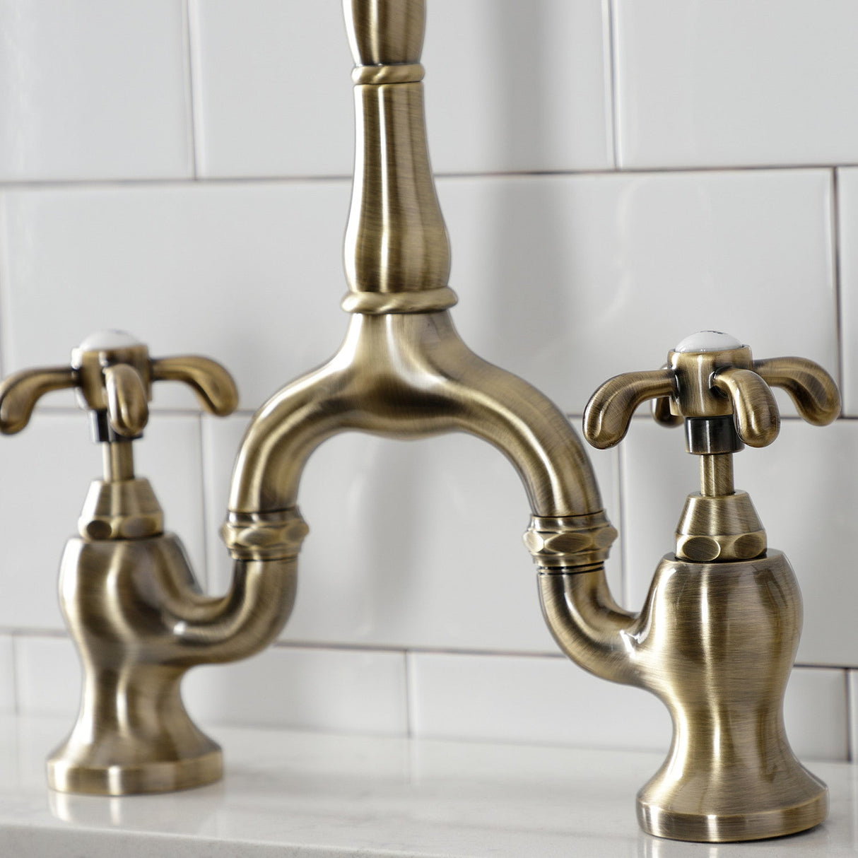 French Country KS7753TXBS Two-Handle 3-Hole Deck Mount Bridge Kitchen Faucet with Brass Sprayer, Antique Brass