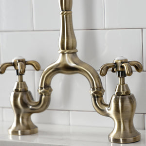 French Country KS7753TXBS Two-Handle 3-Hole Deck Mount Bridge Kitchen Faucet with Brass Sprayer, Antique Brass