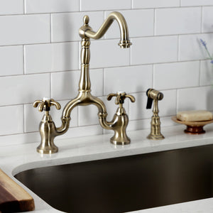 French Country KS7753TXBS Two-Handle 3-Hole Deck Mount Bridge Kitchen Faucet with Brass Sprayer, Antique Brass