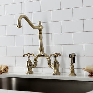 French Country KS7753TXBS Two-Handle 3-Hole Deck Mount Bridge Kitchen Faucet with Brass Sprayer, Antique Brass