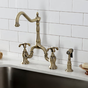 French Country KS7753TXBS Two-Handle 3-Hole Deck Mount Bridge Kitchen Faucet with Brass Sprayer, Antique Brass