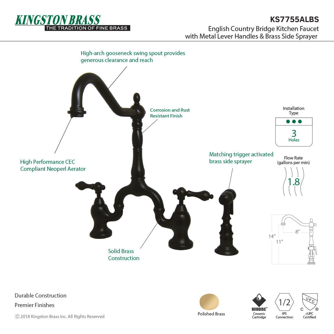 English Country KS7755ALBS Two-Handle 3-Hole Deck Mount Bridge Kitchen Faucet with Brass Sprayer, Oil Rubbed Bronze