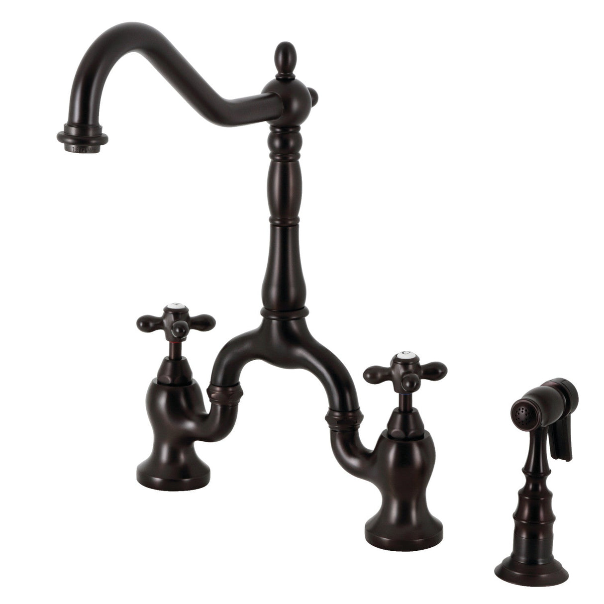 English Country KS7755AXBS Two-Handle 3-Hole Deck Mount Bridge Kitchen Faucet with Brass Sprayer, Oil Rubbed Bronze