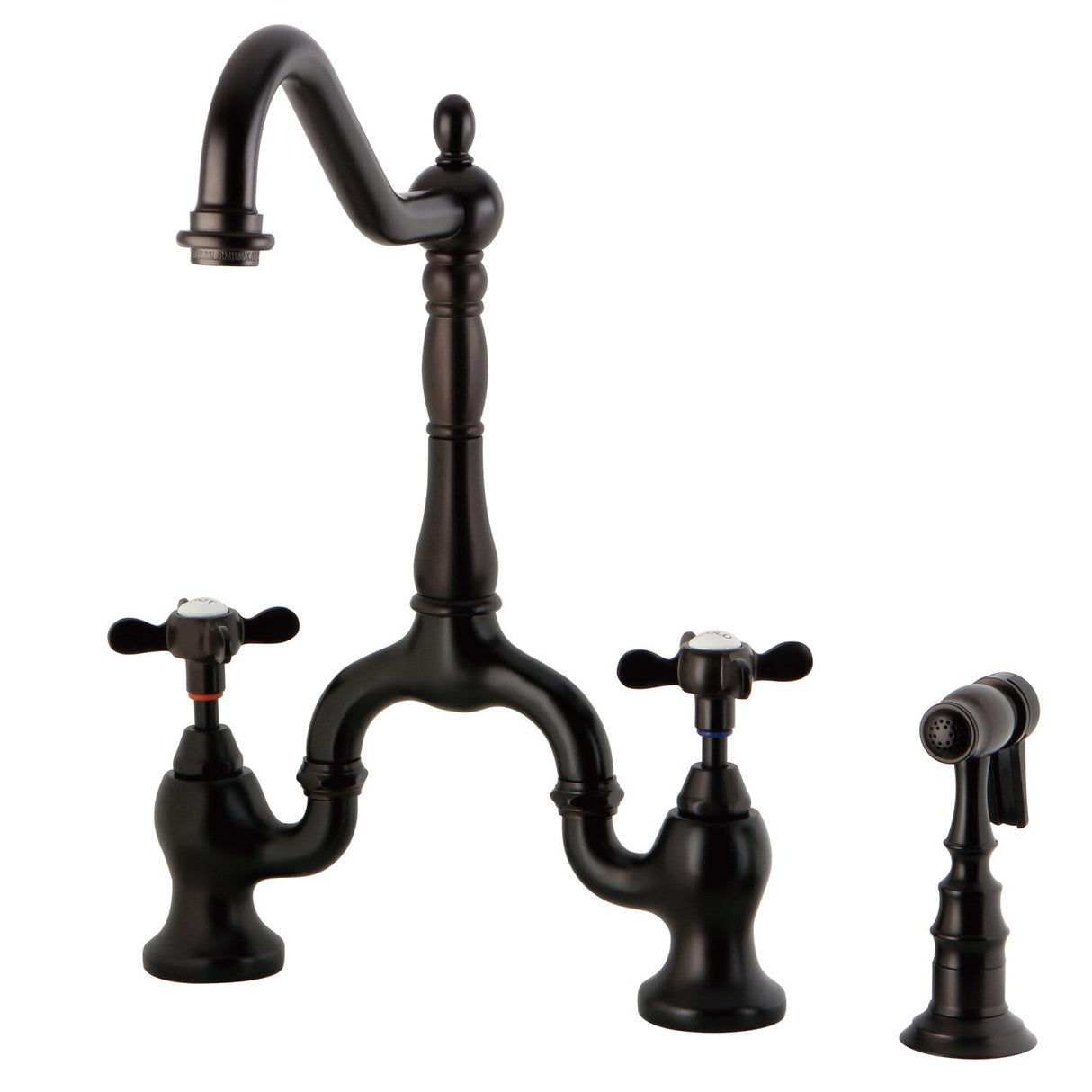 Essex KS7755BEXBS Two-Handle 3-Hole Deck Mount Bridge Kitchen Faucet with Brass Sprayer, Oil Rubbed Bronze