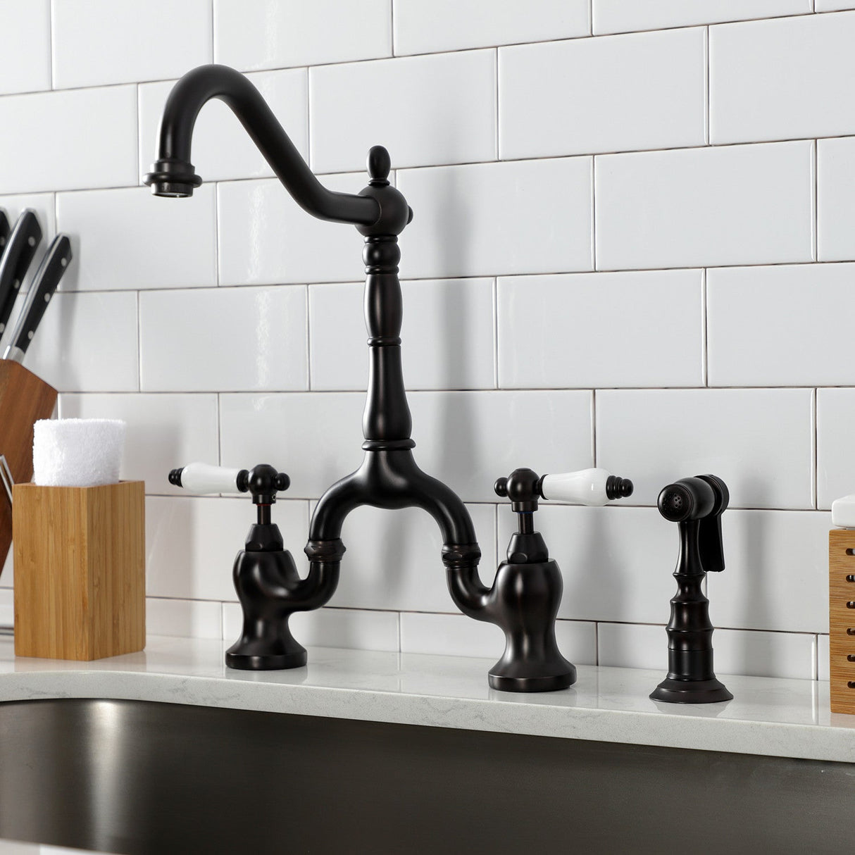 English Country KS7755PLBS Two-Handle 3-Hole Deck Mount Bridge Kitchen Faucet with Brass Sprayer, Oil Rubbed Bronze