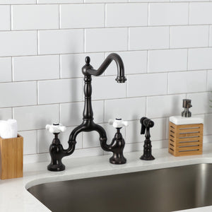 English Country KS7755PXBS Two-Handle 3-Hole Deck Mount Bridge Kitchen Faucet with Brass Sprayer, Oil Rubbed Bronze