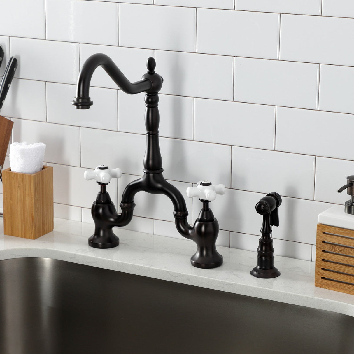 English Country KS7755PXBS Two-Handle 3-Hole Deck Mount Bridge Kitchen Faucet with Brass Sprayer, Oil Rubbed Bronze