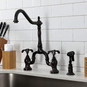 French Country KS7755TXBS Two-Handle 3-Hole Deck Mount Bridge Kitchen Faucet with Brass Sprayer, Oil Rubbed Bronze
