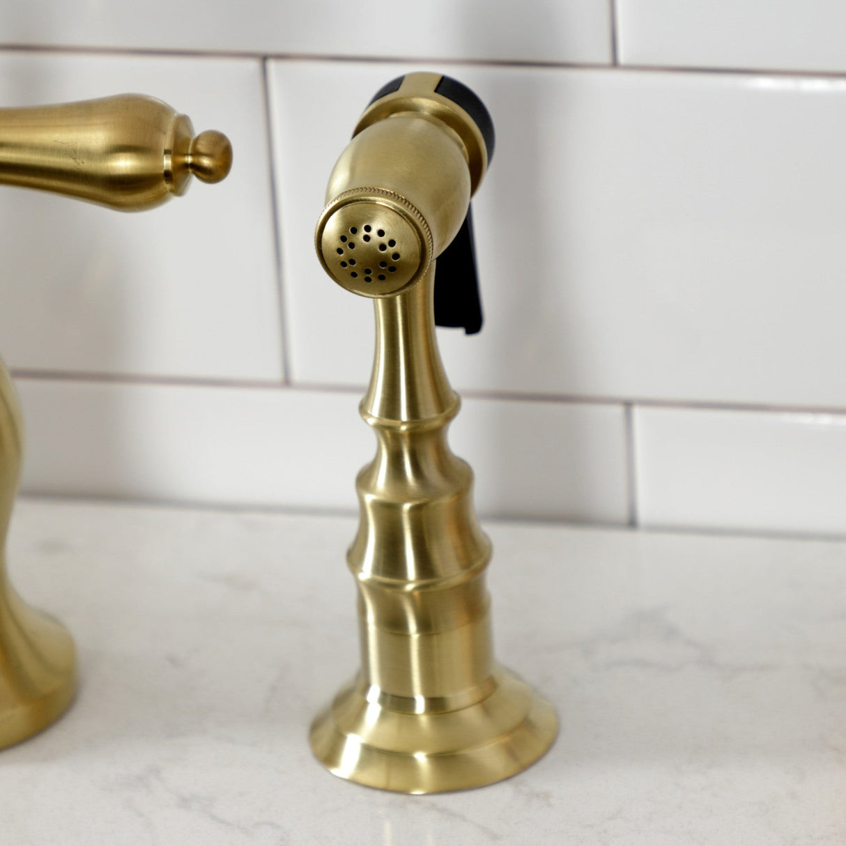 Heirloom KS7757BALBS Two-Handle 3-Hole Deck Mount Bridge Kitchen Faucet with Brass Sprayer, Brushed Brass