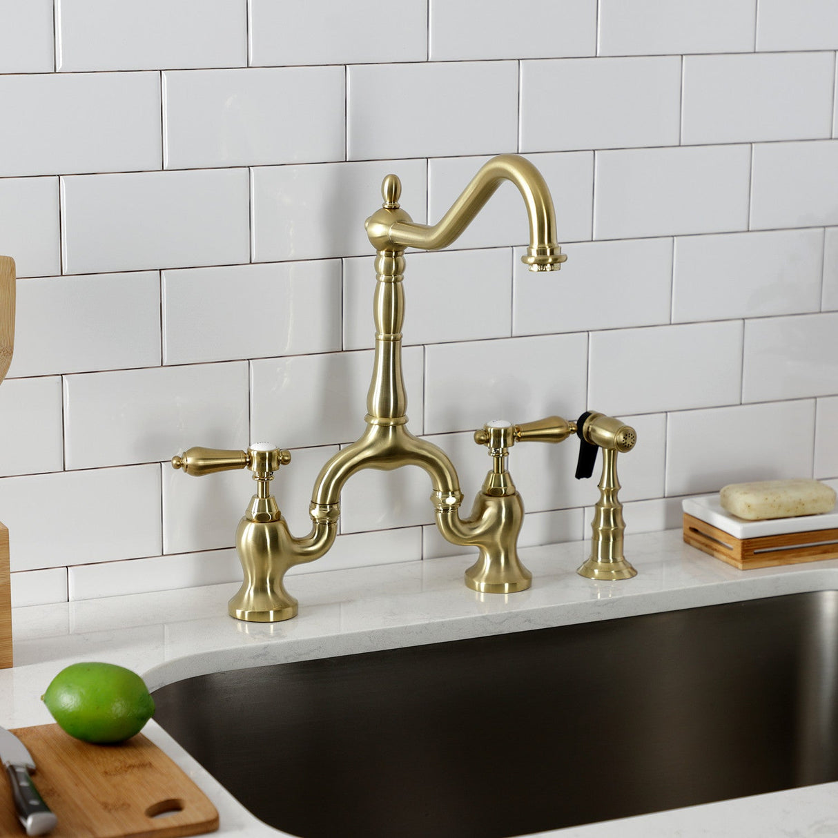 Heirloom KS7757BALBS Two-Handle 3-Hole Deck Mount Bridge Kitchen Faucet with Brass Sprayer, Brushed Brass