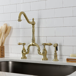 Heirloom KS7757BALBS Two-Handle 3-Hole Deck Mount Bridge Kitchen Faucet with Brass Sprayer, Brushed Brass