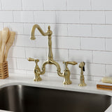 Heirloom KS7757BALBS Two-Handle 3-Hole Deck Mount Bridge Kitchen Faucet with Brass Sprayer, Brushed Brass