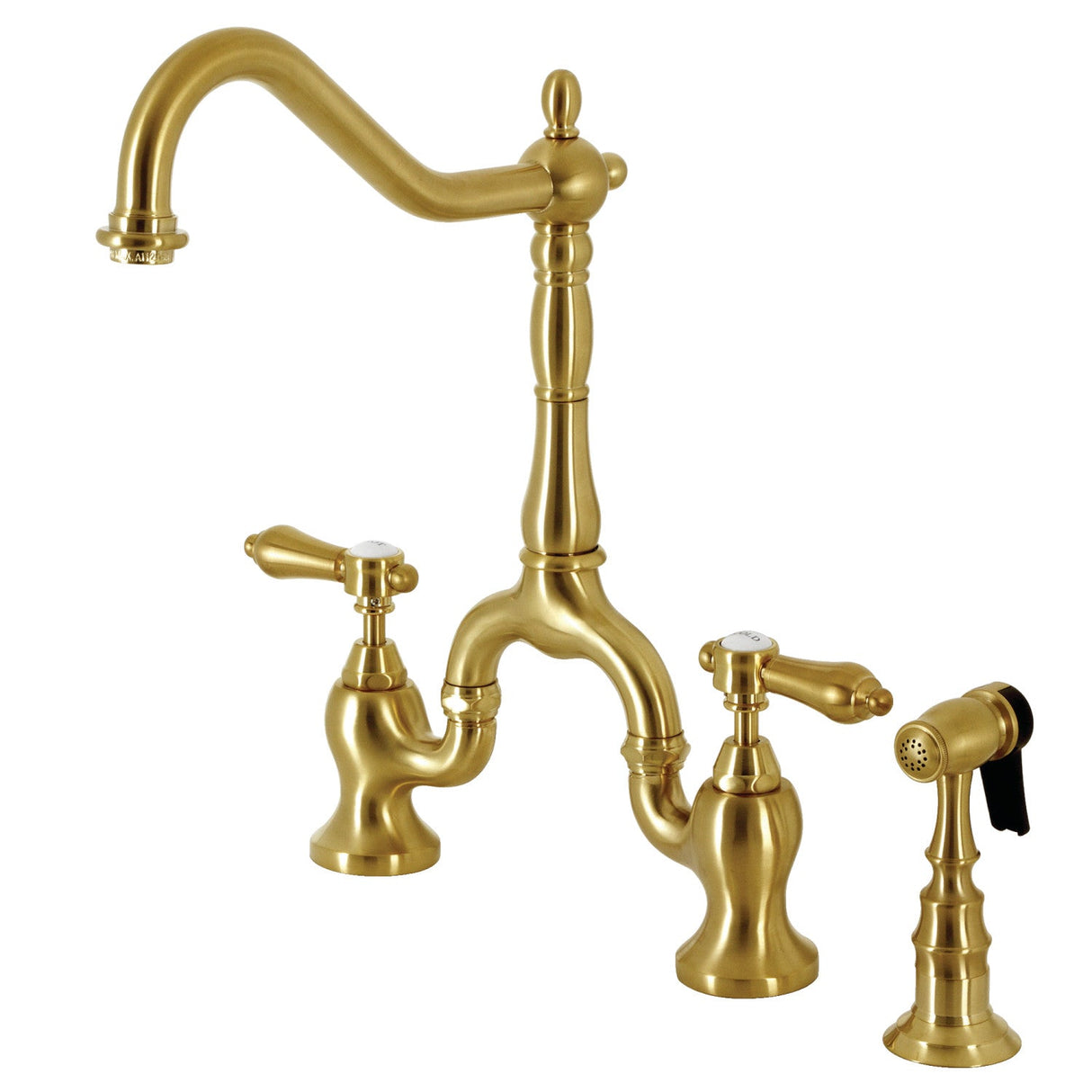 Heirloom KS7757BALBS Two-Handle 3-Hole Deck Mount Bridge Kitchen Faucet with Brass Sprayer, Brushed Brass