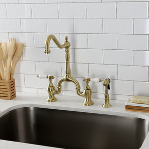 Bel-Air KS7757BPLBS Two-Handle 3-Hole Deck Mount Bridge Kitchen Faucet with Brass Sprayer, Brushed Brass