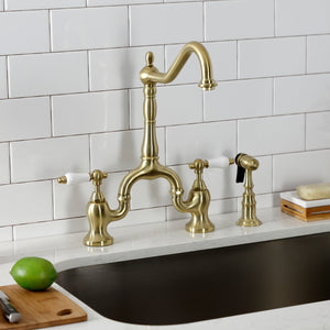 English Country KS7757PLBS Two-Handle 3-Hole Deck Mount Bridge Kitchen Faucet with Brass Sprayer, Brushed Brass