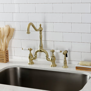 English Country KS7757PLBS Two-Handle 3-Hole Deck Mount Bridge Kitchen Faucet with Brass Sprayer, Brushed Brass