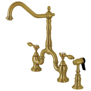 Tudor KS7757TALBS Two-Handle 3-Hole Deck Mount Bridge Kitchen Faucet with Brass Sprayer, Brushed Brass