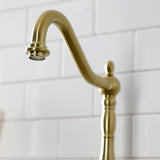 French Country KS7757TXBS Two-Handle 3-Hole Deck Mount Bridge Kitchen Faucet with Brass Sprayer, Brushed Brass