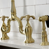 French Country KS7757TXBS Two-Handle 3-Hole Deck Mount Bridge Kitchen Faucet with Brass Sprayer, Brushed Brass