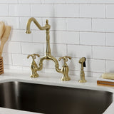 French Country KS7757TXBS Two-Handle 3-Hole Deck Mount Bridge Kitchen Faucet with Brass Sprayer, Brushed Brass