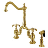 French Country KS7757TXBS Two-Handle 3-Hole Deck Mount Bridge Kitchen Faucet with Brass Sprayer, Brushed Brass